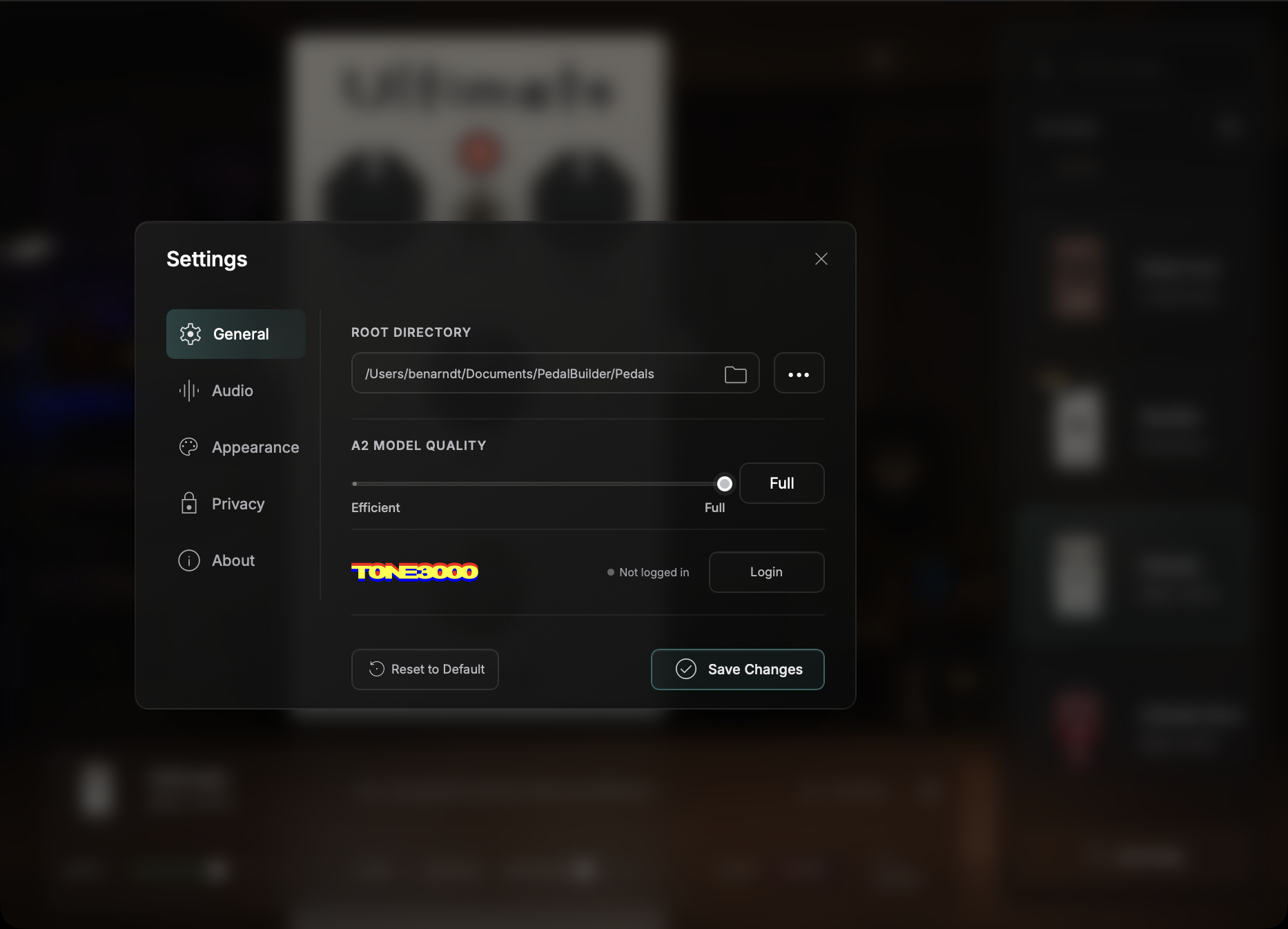 Pedal Builder settings panel